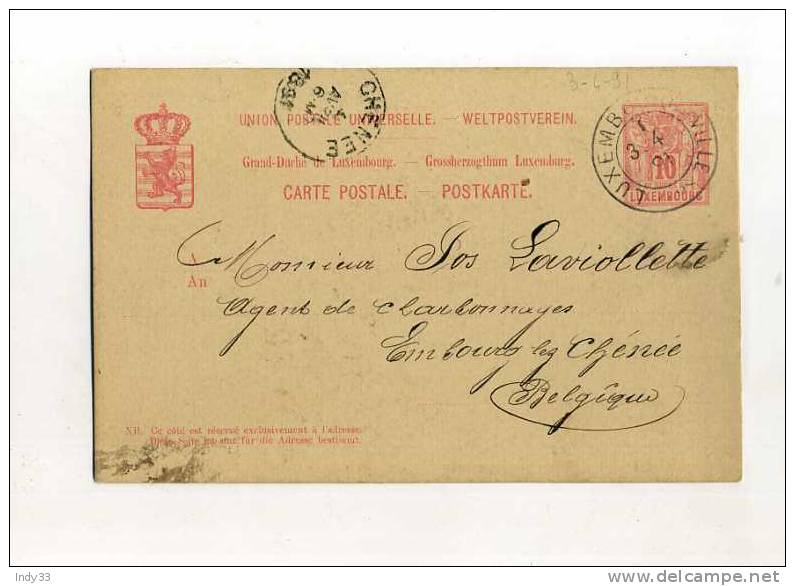 - LUXEMBOURG . ENTIER POSTAL SUR CP DE 1891 POUR LA BELGIQUE - Postwaardestukken