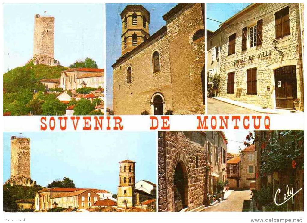 CPSM. MONTCUQ. LA TOUR ST HILAIRE. HOTEL DE VILLE. LA TOUR DU 12EME ET EGLISE ST HILAIRE. DATEE 1987. FLAME. - Montcuq