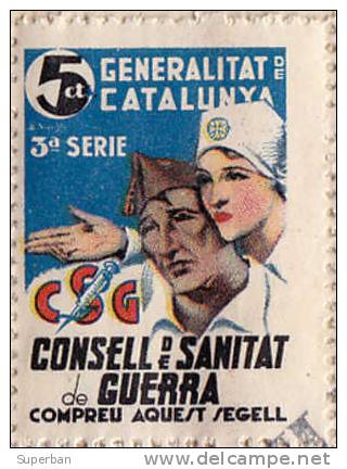 GENERALITAT DE CATALUNYA / CONSELL DE SANITAT DE GUERRA : 5 Ct. - BLOC De 10 TIMBRES OBLIT. Sur FRAGMENT DOC. (d-898) - Vignette Della Guerra Civile