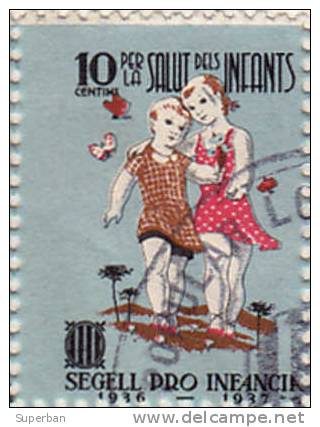 SEGELL PRO INFANCIA / 1936 - 1937 : 10 Ct. PER SALUT DELS INFANTS - BLOC De 10 TIMBRES OBLIT. Sur FRAGMENT DOC. (d-899) - Viñetas De La Guerra Civil