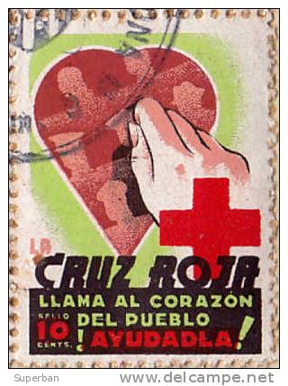 LA CRUZ ROJA LLAMA AL CORAZON DEL PUEBLO / SELLO 10 CENTS - BLOC De 10 TIMBRES OBLIT. Sur FRAGMENT DOC. (d-900) - Viñetas De La Guerra Civil