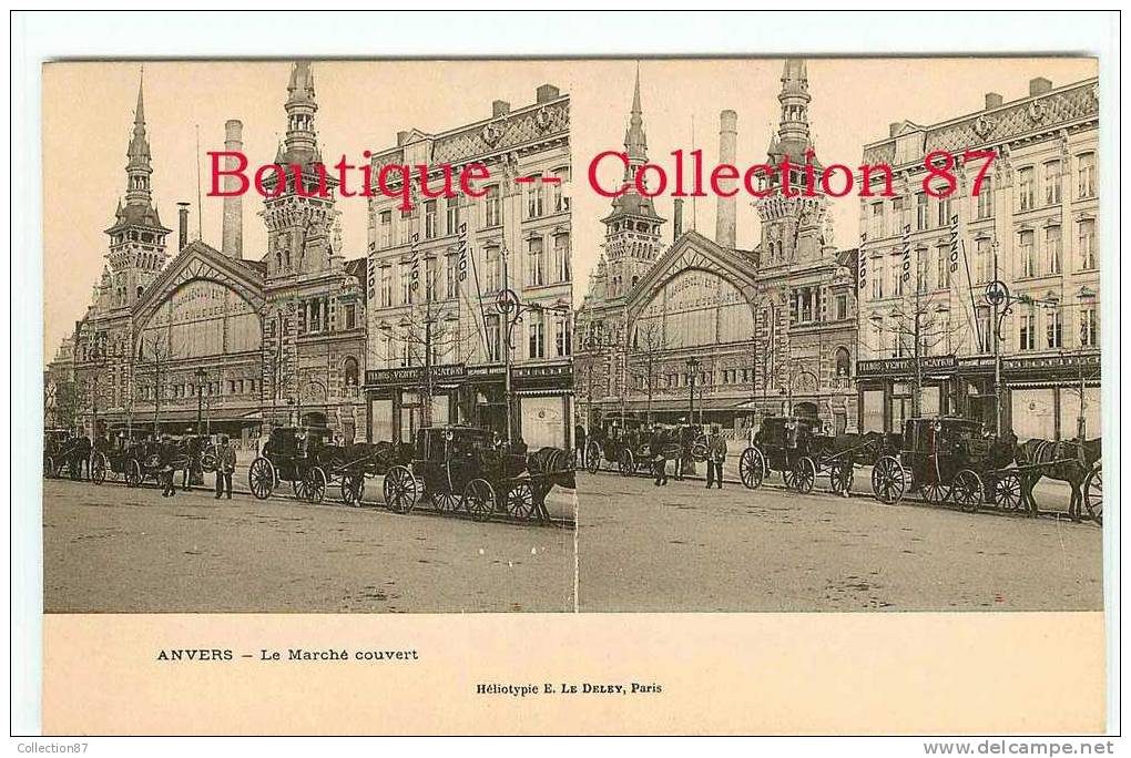 CPA 1900 STEREOSCOPIQUE De FIACRE Et De CALECHE Devant Le MARCHE COUVERT D'ANVERS - ATTELAGE - STEREOVIEW 1900´s - Taxis & Huurvoertuigen