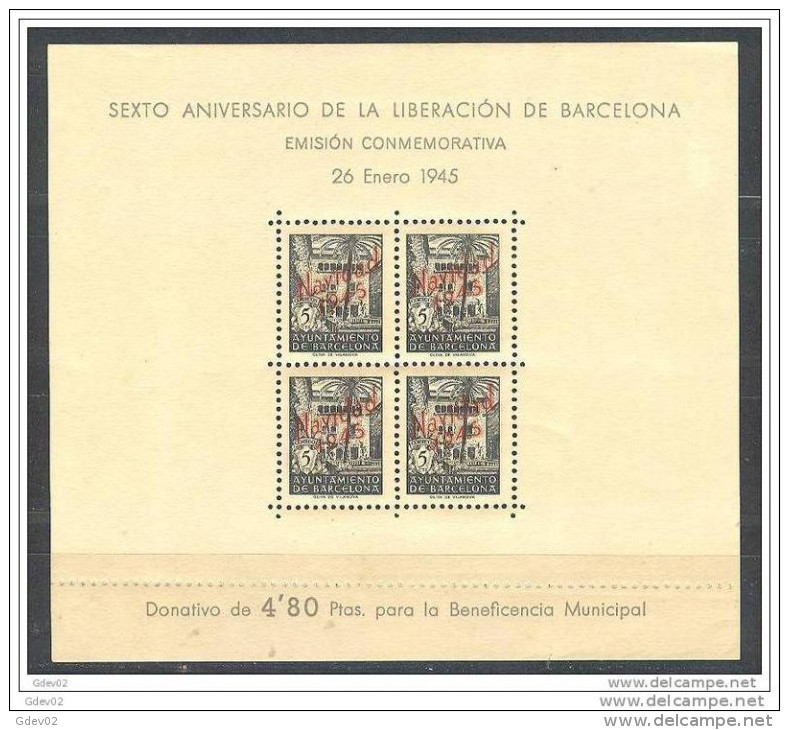 ESBCNNE29-L3640TEUESBENEF.Espagne.Espagne.LIBERACION DE BARCELONA.Beneficencia.19 45.(Ed NE 29**) S/c .MAGNIFICA - Wohlfahrtsmarken