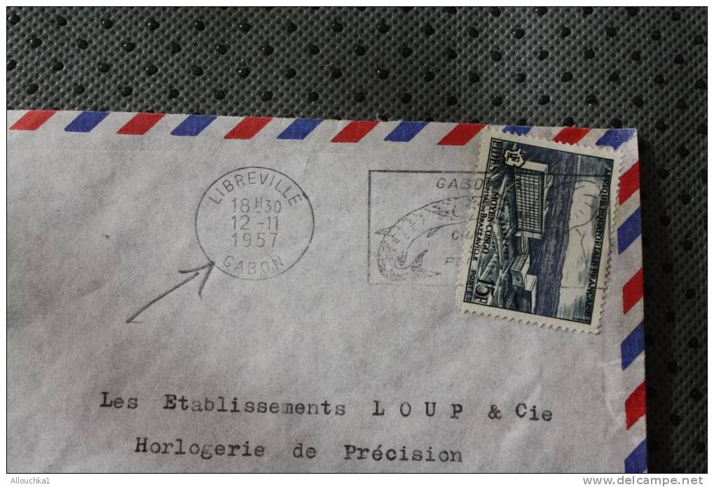 LIBREVILLE GABON FRANCAIS:AFRIQUE OCCIDENTALE FRANCAISE ENVELOPPE TIMBRE SEUL SUR LETTRE AVION +FLAMME ELEPHANT POISSON - Autres & Non Classés