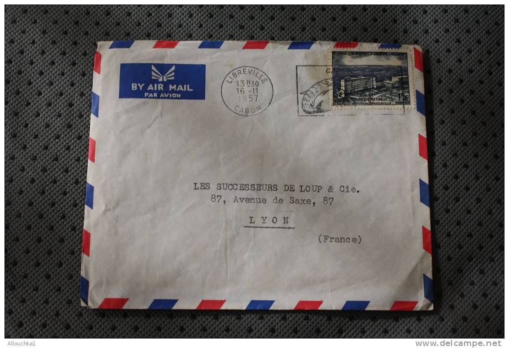 LIBREVILLE GABON FRANCAIS:AFRIQUE OCCIDENTALE FRANCAISE ENVELOPPE TIMBRE SEUL SUR LETTRE AVION +FLAMME ELEPHANT POISSON - Autres & Non Classés