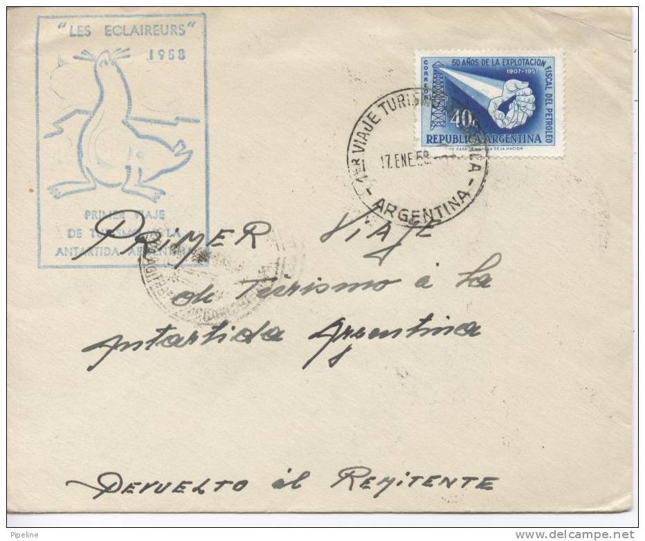 ARGENTINA ANTARCTICA 17-1- 1958 LES ECLAIREURS Cover With Different Cancels On Front And Backside Of The Cover - Antarctic Expeditions
