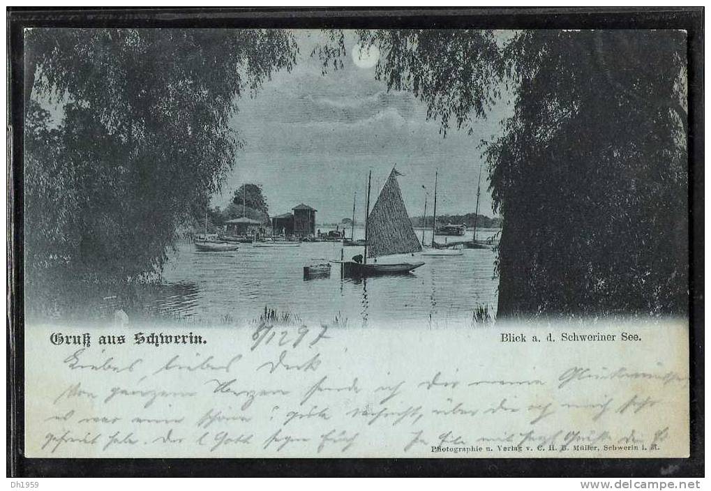 GRUSS AUS SCHWERIN SEE PHOTO VERLAG MÜLLER 1897  MONDSCHEIN  Nach KÖLN RHEIN - Schwerin