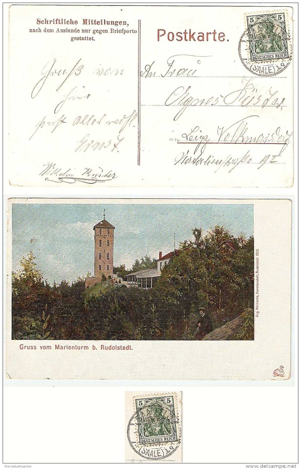 AK 1905 Gruss Vom Marienturm B. Rudolstadt -5.7.07 1-2 V. SAALFELD *(SAALE) 1d Nach Leipzig-Volkmarsdorf - Rudolstadt