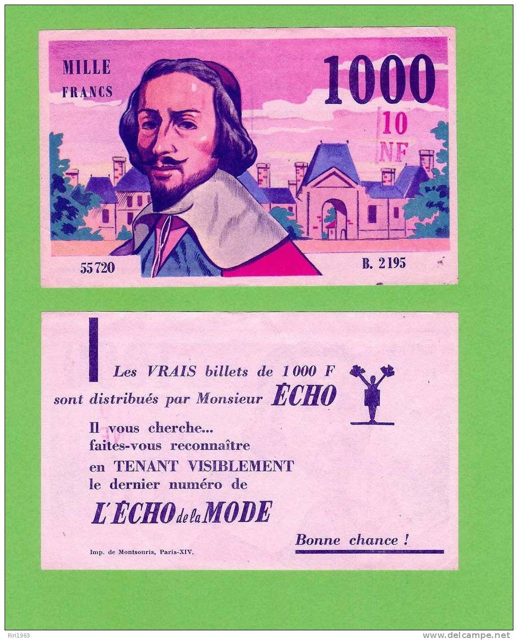 (141) -Pub L´echo De La Mode Sur 1000 Fr Richelieu Surchargé - Fictifs & Spécimens