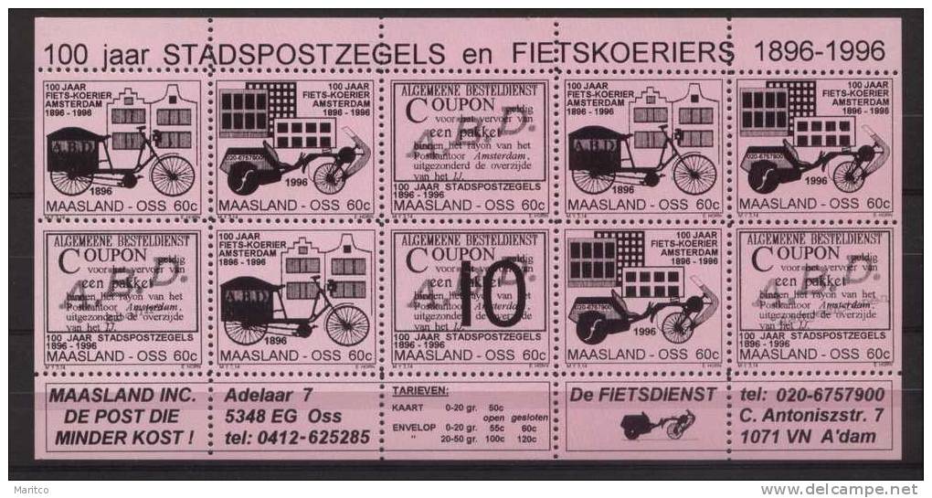 Stadspost MAASLAND OSS LOCAL MAIL NETHERLANDS S.S. 10X60ct ROSE BICYCLE FIETS VELO FAHRRAD - Ciclismo