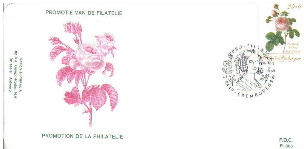 NEW FDC 1988 OBP 2281. Roos Uit Het Werk Van P.J.Redouté- Roses De L'ouvrage De P.J.Redouté. Centfeuille Cristata. - 1981-1990