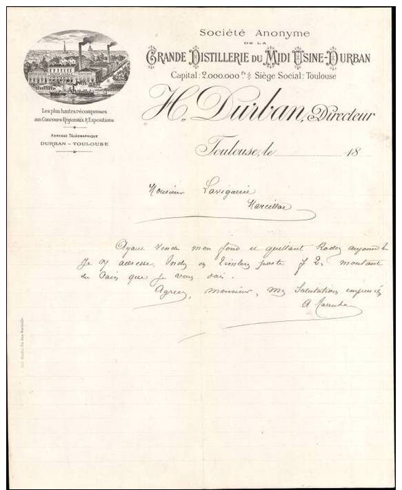 N36  FACTURE Grande Distillerie Du Midi Usine Durban à TOULOUSE 31 De 1800 - Food