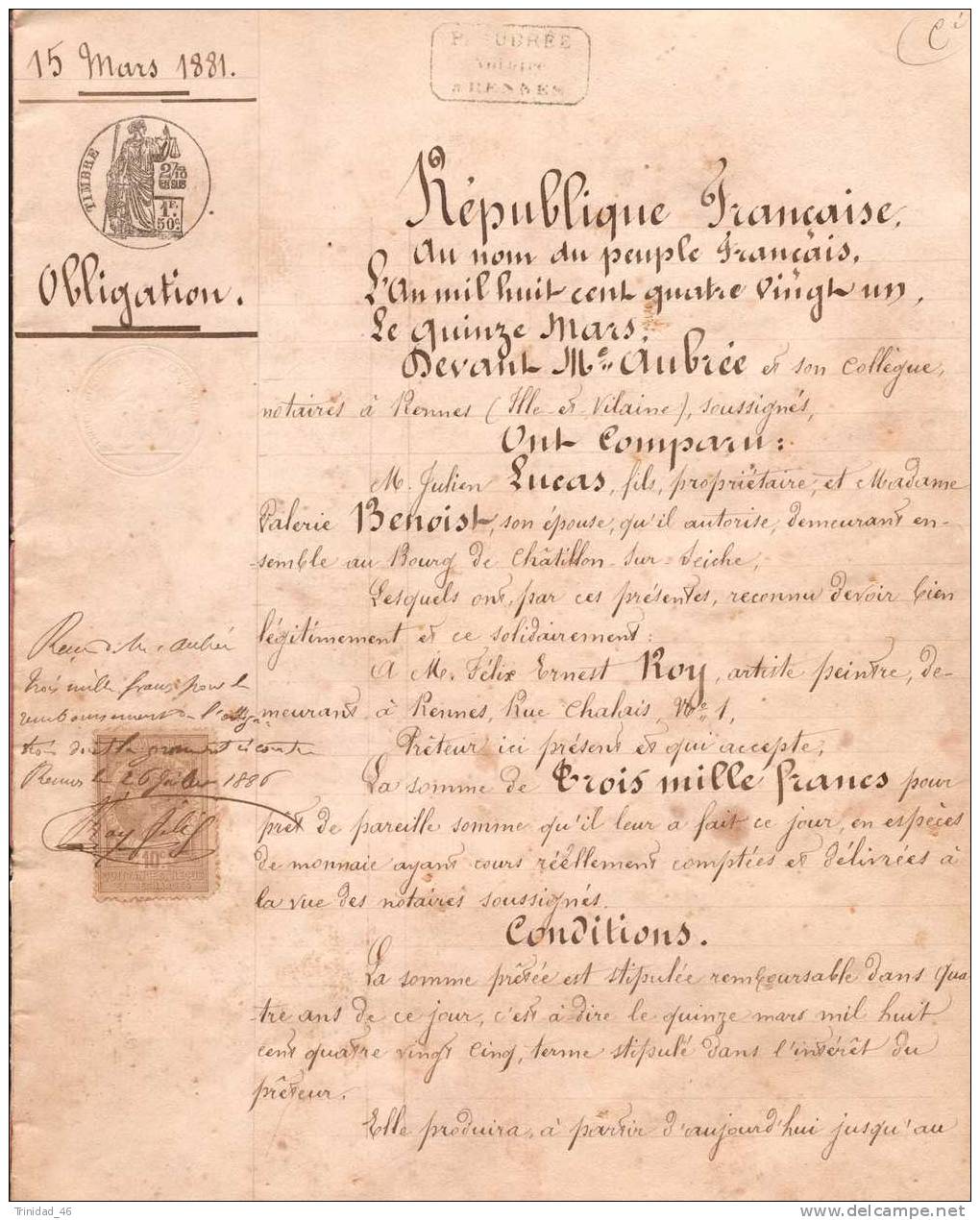 NOYAL CHATILLON SUR SEICHE 35  ( DOCUMENT ANCIEN DE 1881 ) - Manuscrits