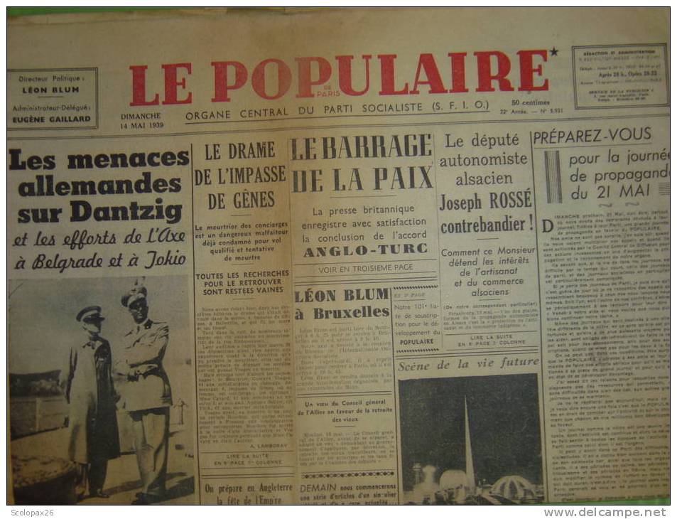 Quotidien  Le Populaire De Paris Du 14 Mai 1939, Drame De L'impasse De Gênes, Dantzig, Joseph Rossé Contrebandier - Informations Générales