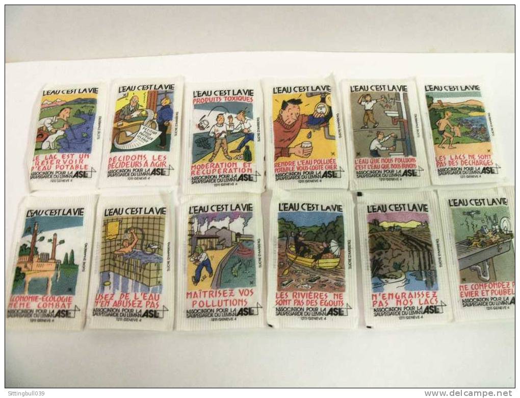 ASSOCIATION POUR LA SAUVEGARDE DU Léman. L'eau C'est La Vie. Série De 12 Sachets De Sucre Années 80 Pour Les Glycophiles - Objets Publicitaires