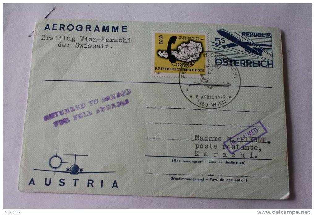 1976 OSTERREICH AIR LETTER AEROGRAMME BY AIR MAIL PAR AVION1ER VOL ERSTFLUGWIEN-KARACHI DER SWISSAIR - Autres & Non Classés