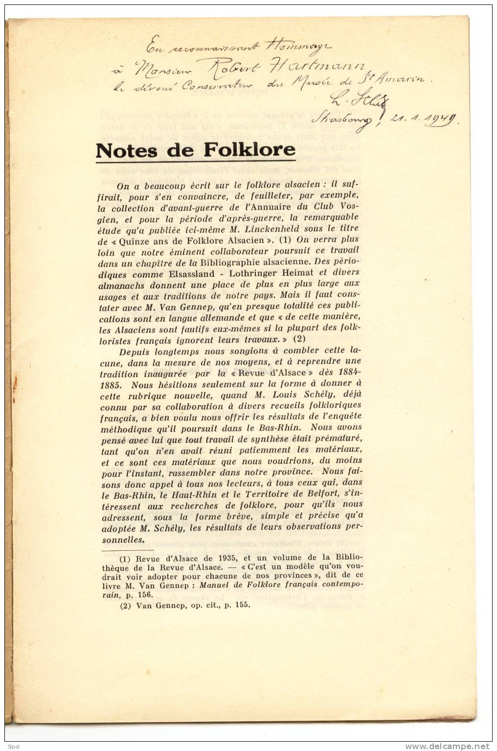 Alsace - L.Schély  Quatre Tirés à Part Sur Le Folklore Alsacien + Lettre Et Dédicaces De L´Auteur1939 BE - Alsace