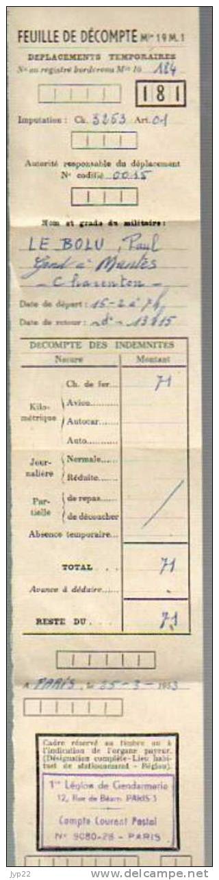 Feuille De Décompte Déplacements Temporaires Gendarme Le Bolu Datée 25-03-1953 - Cachet 1ère Légion De Gendarmerie - - Police
