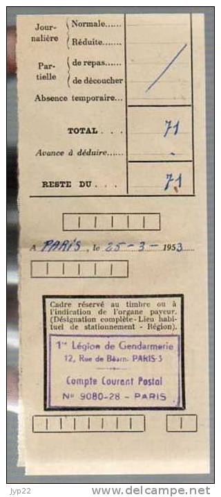 Feuille De Décompte Déplacements Temporaires Gendarme Le Bolu Datée 25-03-1953 - Cachet 1ère Légion De Gendarmerie - - Politie & Rijkswacht