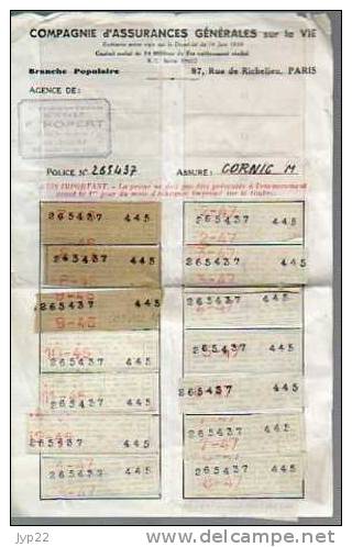 Compagnie D'Assurances Générales Sur La Vie Agent Ropert Guingamp Assuré Mr Cornic - Talons De 07-1946 à 12-1948 - Bank & Insurance
