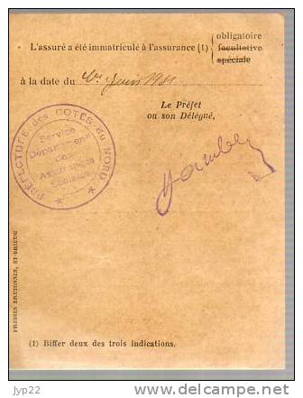 Ministère Du Travail Carte D'Immatriculaton Assurances Sociales Mr Cornic Né 12-07-1896 Louargat Délivrée 06-1931 - Banque & Assurance