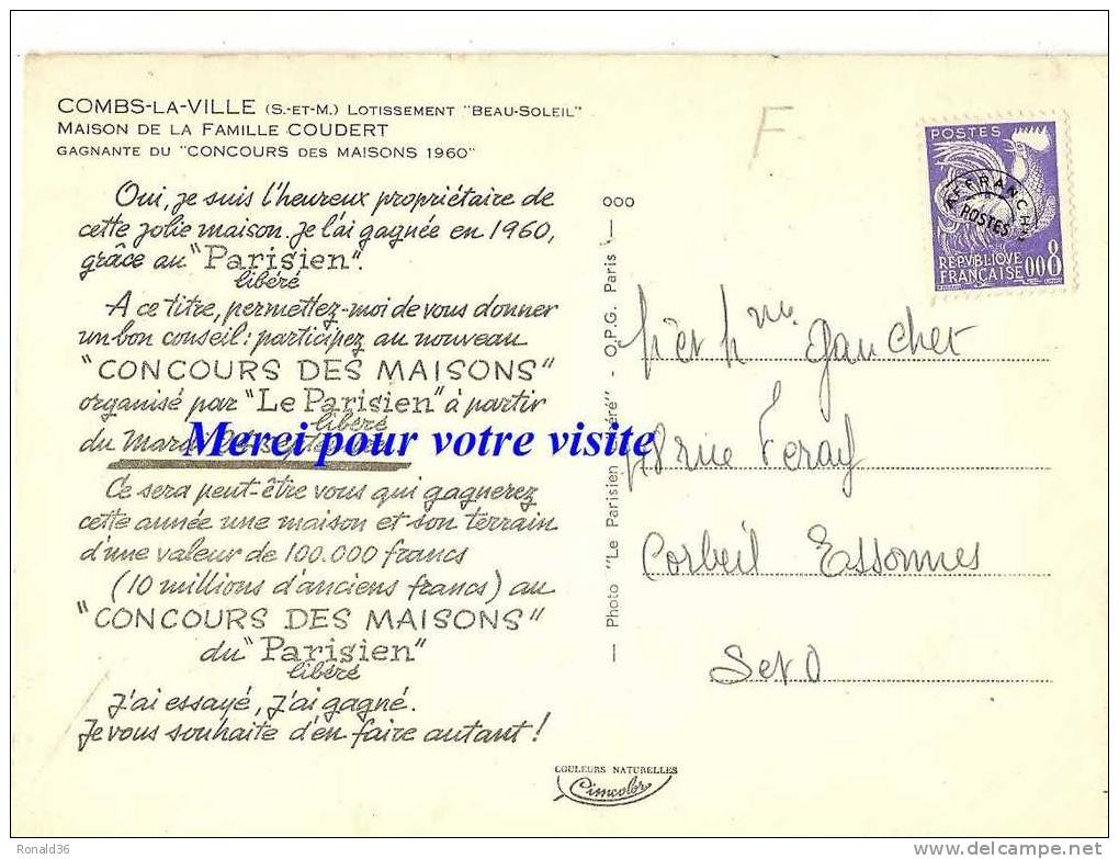 Cp 77 COMBS LA VILLE Lotissement Beau Soleil Maison Famille COUDERT Gagnante  Concours Parisien Libéré Des Maisons 1960 - Combs La Ville