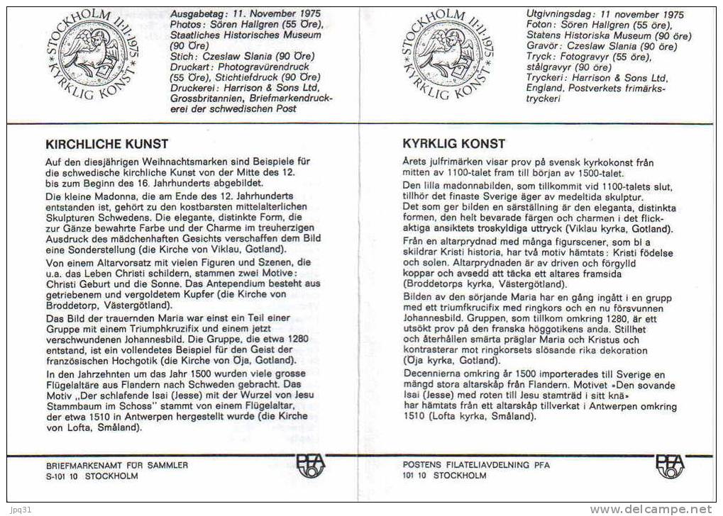 Enveloppe 1er Jour Suède No 905-10 - Stockholm 11/11/75 - Noël - Art Sacré Suédois - FDC