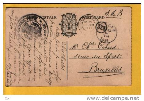 Kaart Met Stempel KNOCKE Op 19/8/1919, Met Stempel CORRESPONDANCE PRIVEE / ARMEE BELGE Naar Brussel - Storia Postale
