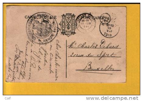 Kaart Met Stempel KNOCKE Op 19/8/1919, Met Stempel CORRESPONDANCE PRIVEE / ARMEE BELGE Naar Brussel - Lettres & Documents