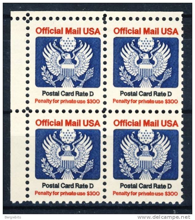 1983-85 United States  MNH  Postal Card D  Rate  "  Official Mail USA "  Block Of 4 "RARE" - Bandes & Multiples