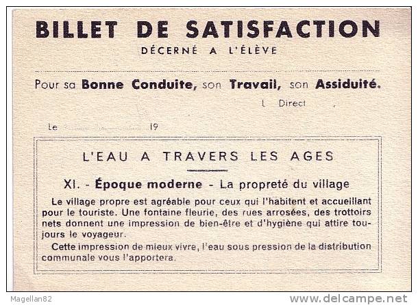 BILLET DE SATISFACTIONS DÉCERNE A L'ÉLÈVE. L'EAU A TRAVERS LES AGES. ECOLE. BON POINT - Diplômes & Bulletins Scolaires