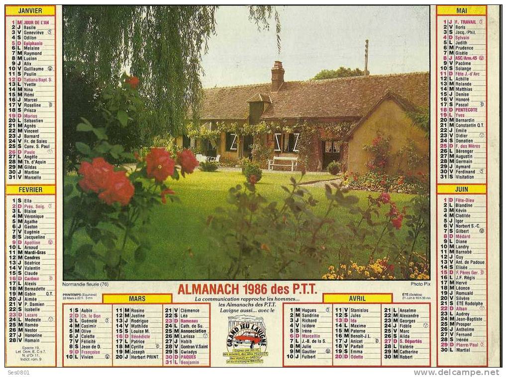 CALENDRIER ALMANACH DES PTT De  1986 - Formato Grande : 1981-90