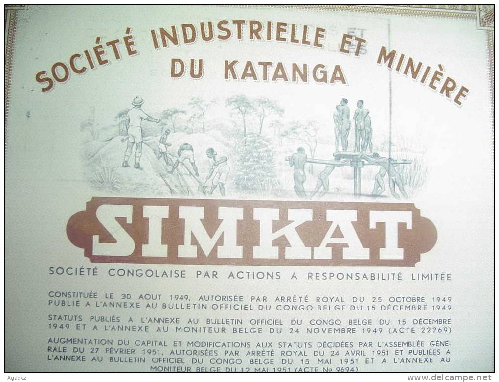 Share/Action" Sté Industrielle Et Minière Du Katanga" Simkat Elisabethville 1951 Scripophilie - Afrique