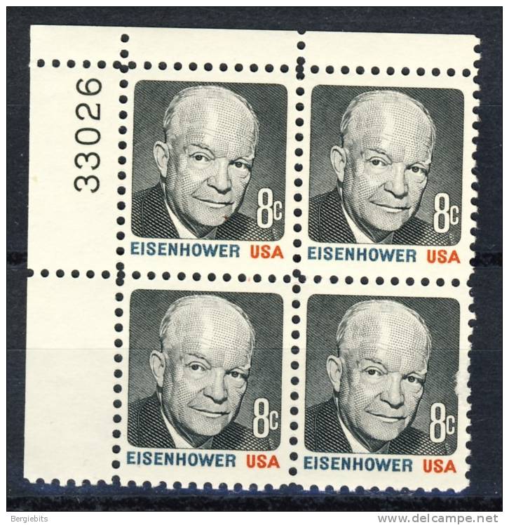 1970-74 United States  8 Cents  MNH Plate Block Of 4 " Dwight D Eisenhower " - Plattennummern