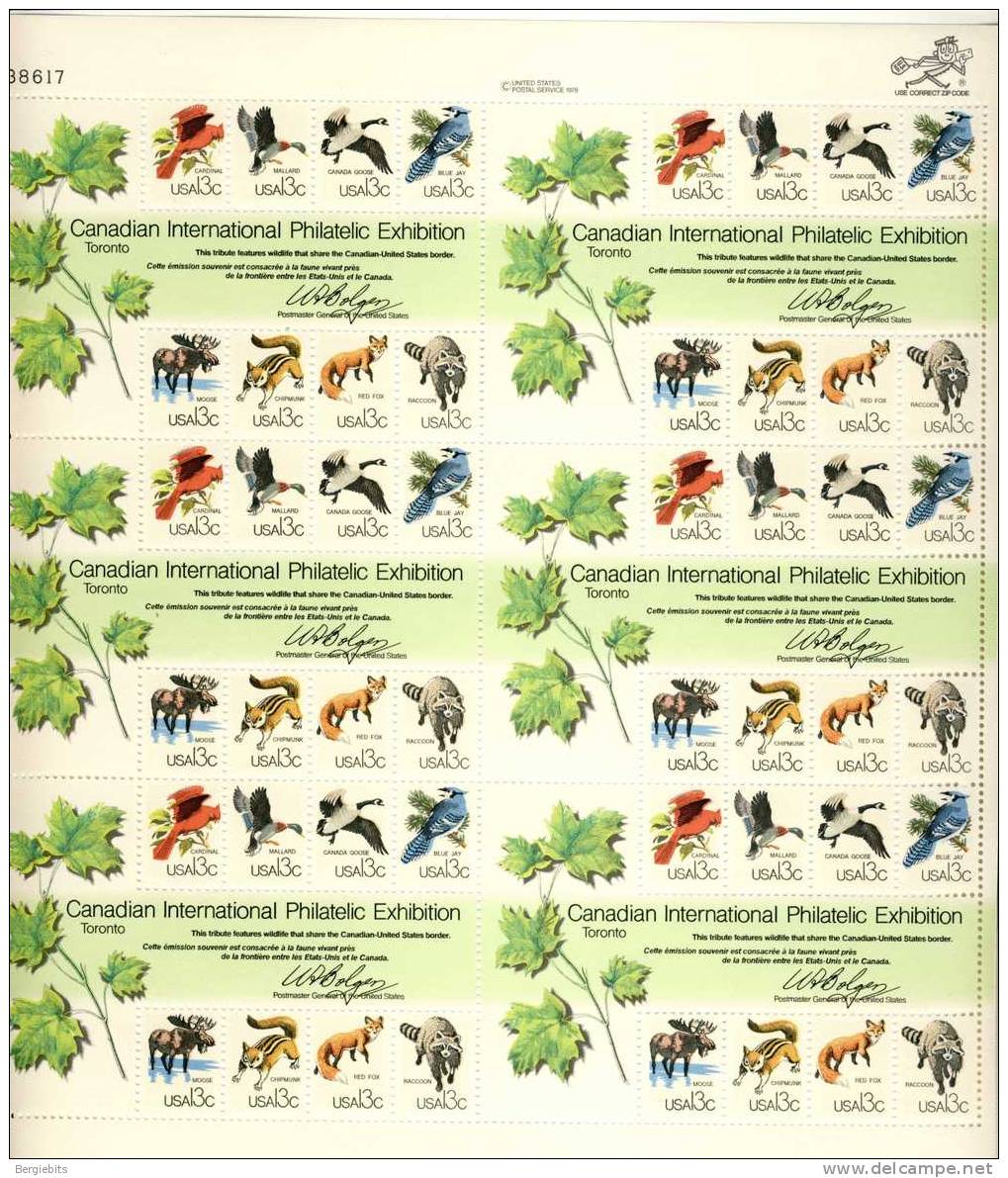 1979 United States MNH Full Sheet Of CAPEX Canada Birds & Animals Stamps - Sheets