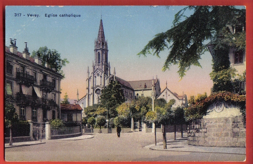 V221 Vevey Eglise Catholique, Cèdre Au Premier Plan. Non Voyagée. Société Graphique 317 - Premier