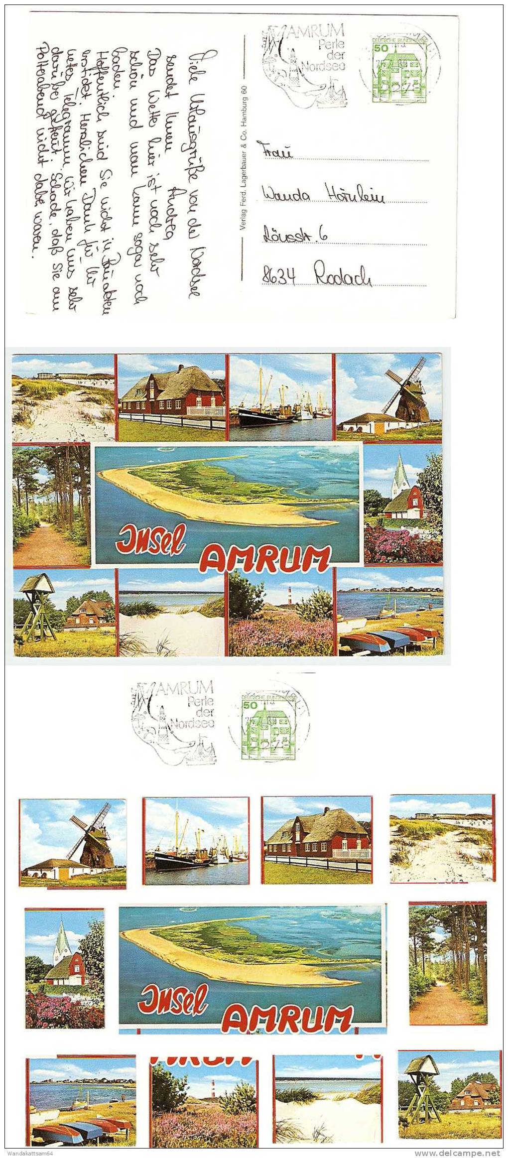 AK INSEL AMRUM Mehrbildkarte 11 Bilder Mühle Friesenhaus Dünenleuchtturm Kirche25.9.80-14 2278 NEBEL AMRUM Werbestempel - Nordfriesland