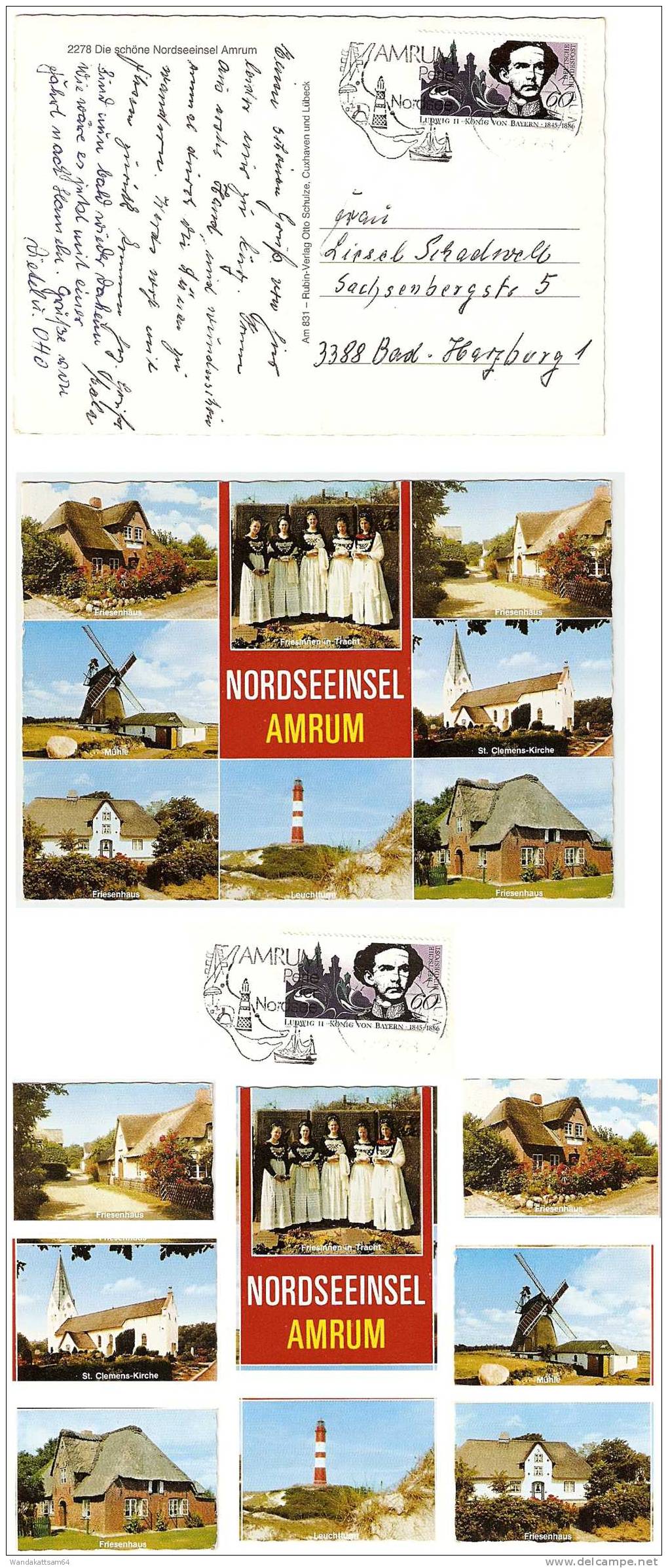 AK831NORDSEEINSEL  AMRUM Mehrbildkarte 8 Bilder Mühle Friesenhaus Leuchtturm Kirche Tracht 2278 NEBEL AMRUM Werbestempel - Nordfriesland