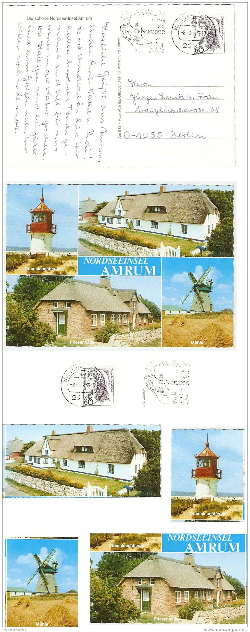 AK 812 NORDSEEINSEL  AMRUM Mehrbildkarte 4 Bilder Mühle Friesenhaus Leuchtturm 8.3.93-10 2278 WITTDÜN AMRUM Werbestempel - Nordfriesland