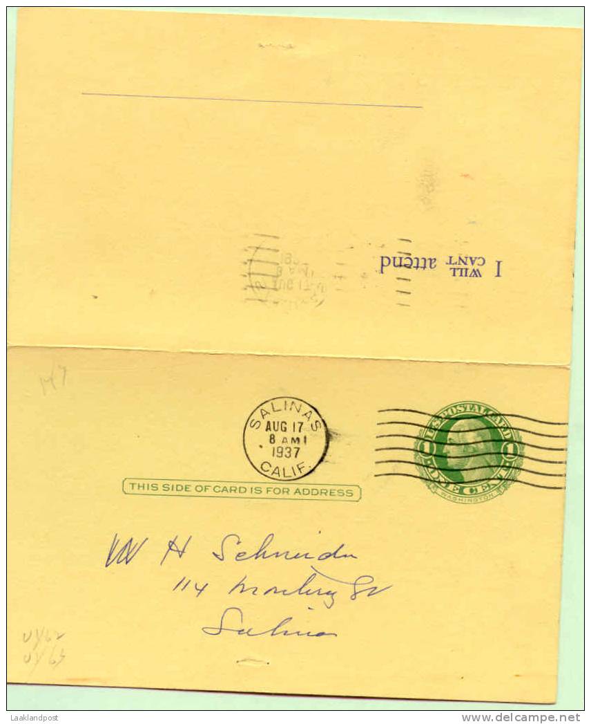 USA Postal Stationary With Reply Card Printed Commercial Reverse SALINAS DODGE DODD , Salinas 17-8-1937 - 1921-40