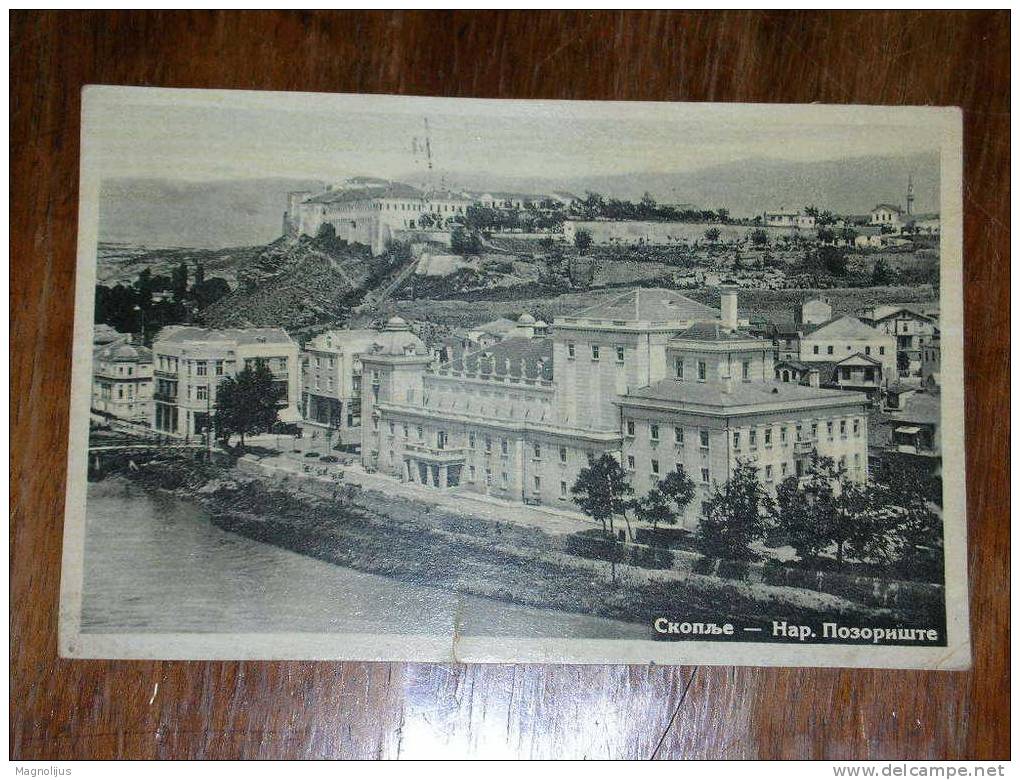 R!,Macedonia,Skoplje,National Theatre,Theater,Town View,River,vintage Postcard,slightly Damaged - Macédoine Du Nord