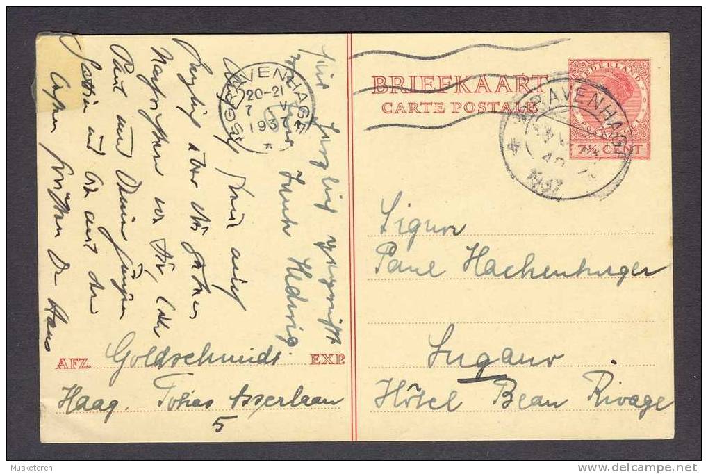 Netherlands Postal Stationery Ganzsache Entier S´GRAVENHAGE 1937 To Lugano Hotel Beau Rivage Wilhelmina - Postwaardestukken