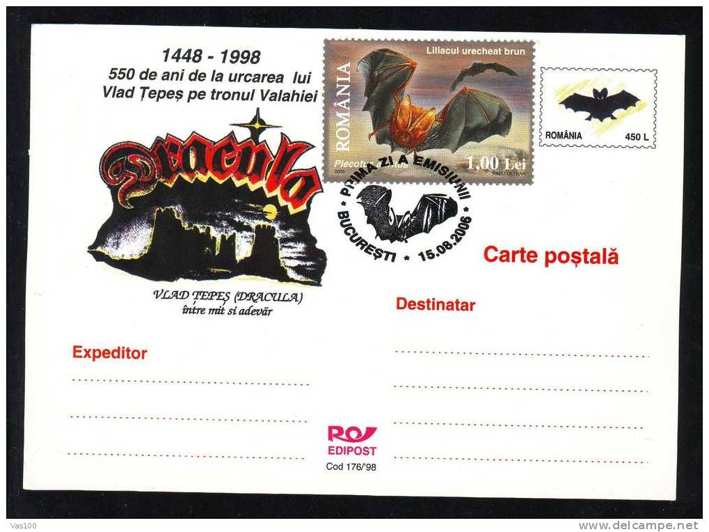 DRACULA - Postcard + Oblitération Concordante - Bats + Bats  FDC Cancel On Card 2006 Romania - Murciélagos