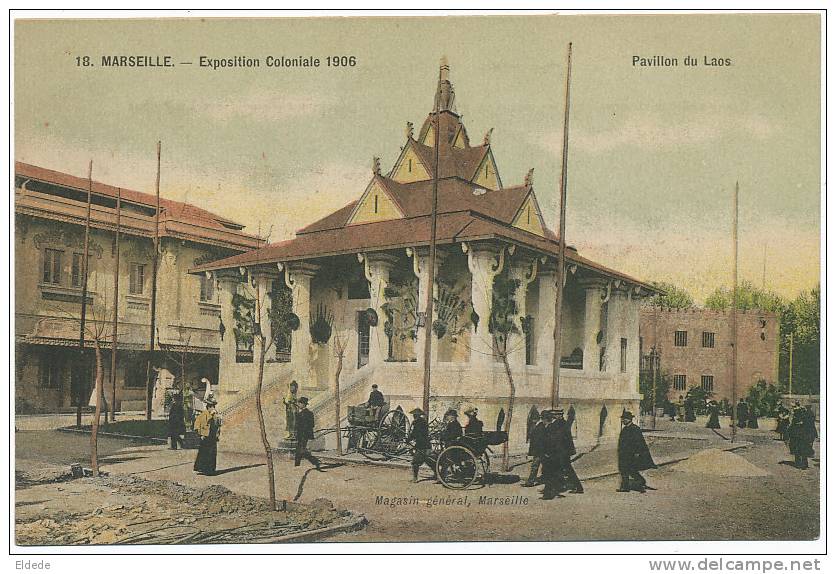 Pavillon Du Laos Couleur Exposition Coloniale Marseille 1906  Pousse Pousse;  Rickschaw - Laos