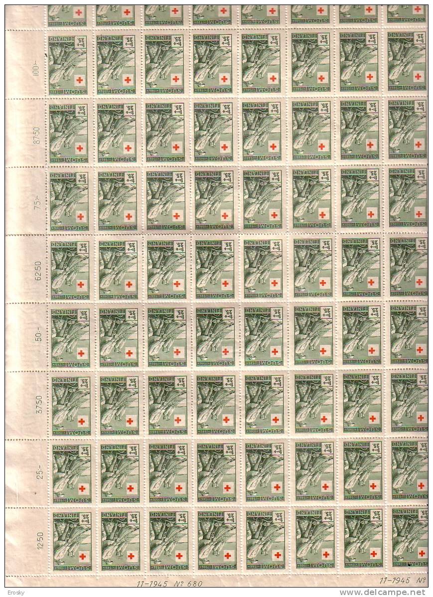 C047 - FINLANDE FINLAND Yv N°305/08 ** FEUILLES DE 100 COMPLETES BORDES COMPLETES CROIX ROUGE - Feuilles Complètes Et Multiples