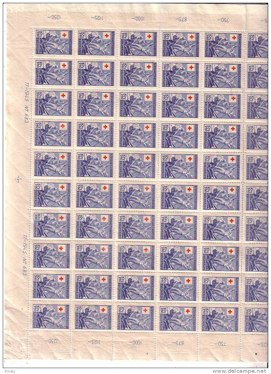 C047 - FINLANDE FINLAND Yv N°305/08 ** FEUILLES DE 100 COMPLETES BORDES COMPLETES CROIX ROUGE - Full Sheets & Multiples