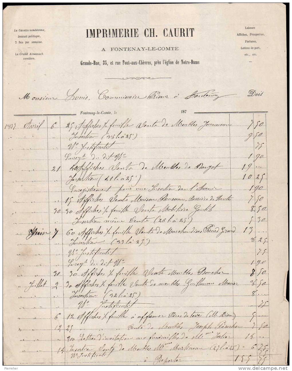 IMPRIMERIE CH.CAURIT A FONTENAY LE COMTE / FACTURE DATEE 1877 - Stamperia & Cartoleria