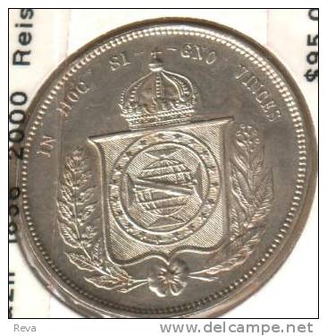 BRAZIL 2000 REIS PEDRO II INSCRIPTIONS FRONT EMBLEM BACK 1856 EF/UNC AG SILVER KM466 READ DESCRIPTION CAREFULLY!! - Brazil