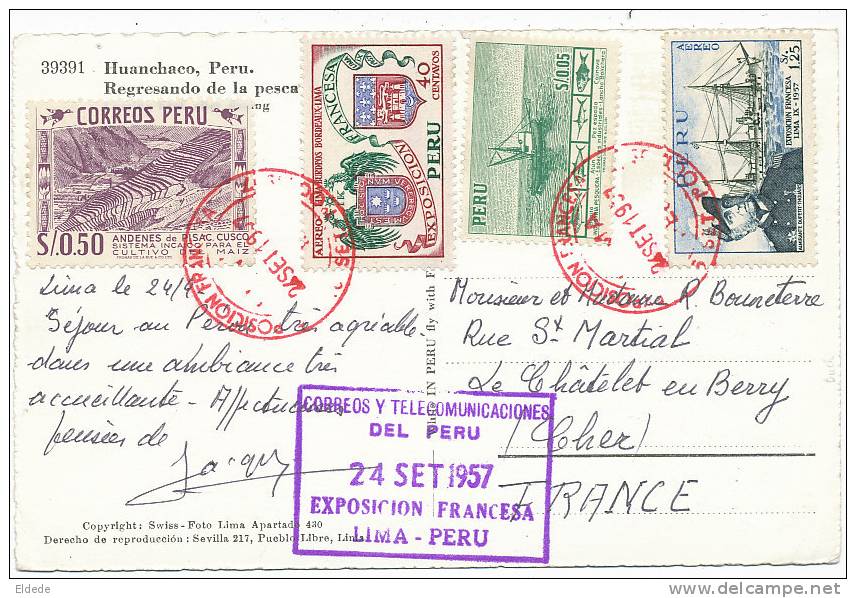 Huanchaco Titicaca Carte Philatelique 4 Timbres Exposicion Francesa Sept 24 1957 - Pérou