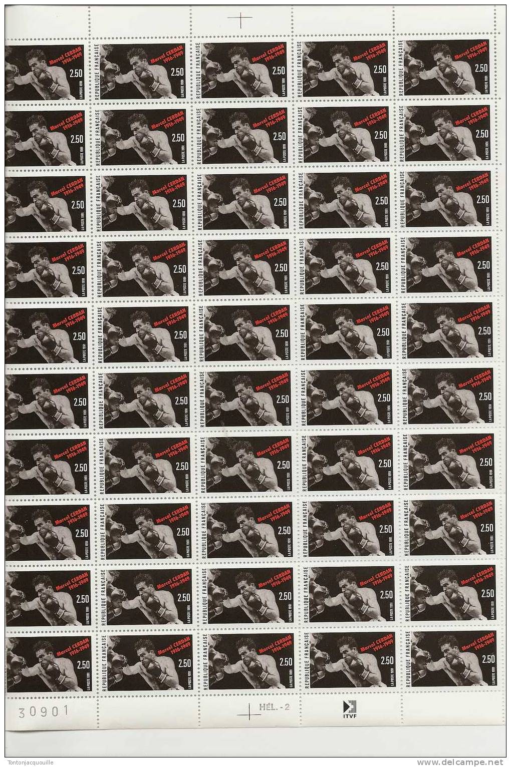 MARCEL CERDAN 1916-1949 ++   FEUILLE DE 50 TIMBRES A 2,50 - Full Sheets